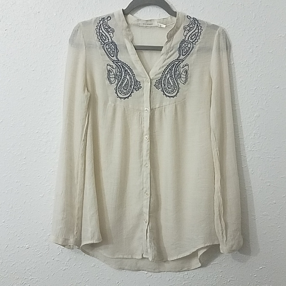 blu pepper button up blouse shirt Embroidered boho flowey